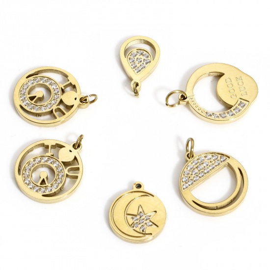 Picture of 316 Stainless Steel Geometry Series Charms Gold Plated Round Moon Clear Cubic Zirconia