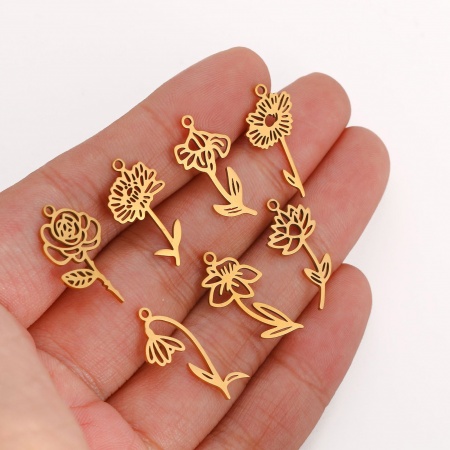 304 Stainless Steel Birth Month Flower Charms Hollow 10mm x 20mm