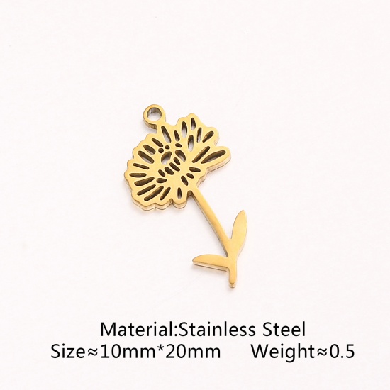 Picture of 304 Stainless Steel Birth Month Flower Charms Hollow 10mm x 20mm