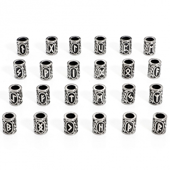 Bild von 1 Stück 304 Edelstahl Religiös Charm-Perlen mit großem Loch im europäischen Stil Zylinder Antiksilber Griechisches Alphabet 13mm x 10mm, Loch: ca. 5.8mm