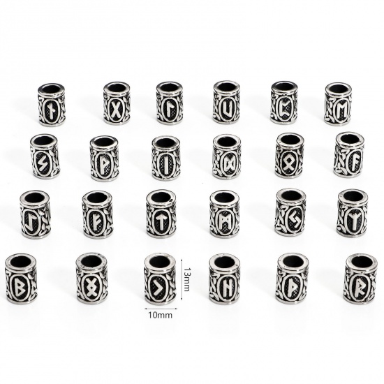 Bild von 1 Stück 304 Edelstahl Religiös Charm-Perlen mit großem Loch im europäischen Stil Zylinder Antiksilber Griechisches Alphabet 13mm x 10mm, Loch: ca. 5.8mm