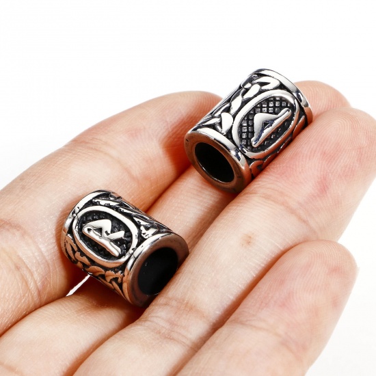 Bild von 1 Stück 304 Edelstahl Religiös Charm-Perlen mit großem Loch im europäischen Stil Zylinder Antiksilber Griechisches Alphabet 13mm x 10mm, Loch: ca. 5.8mm