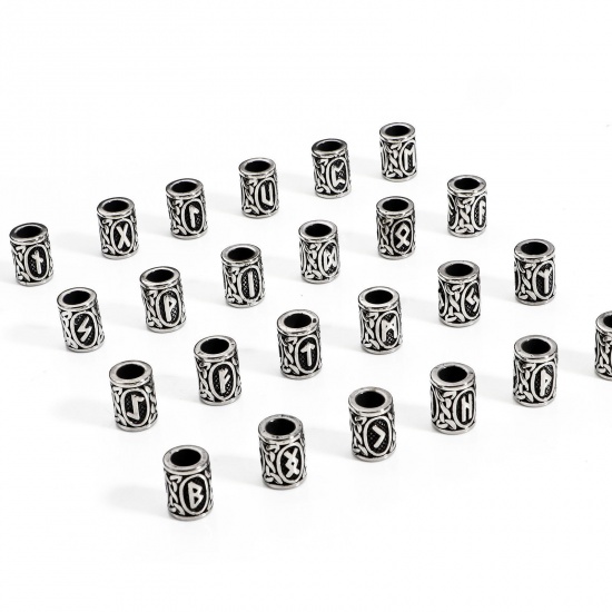 Bild von 1 Stück 304 Edelstahl Religiös Charm-Perlen mit großem Loch im europäischen Stil Zylinder Antiksilber Griechisches Alphabet 13mm x 10mm, Loch: ca. 5.8mm