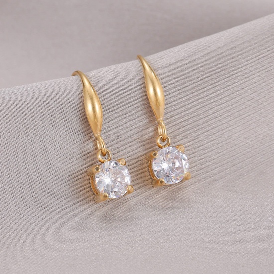 Picture of Eco-friendly Vacuum Plating Exquisite Simple 14K Real Gold Plated 304 Stainless Steel & Rhinestone Round Earrings For Women Birthday