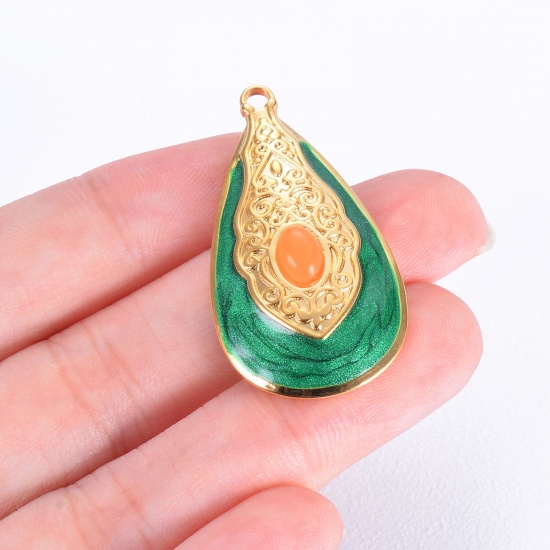 Image de 1 Pièce Pendentifs en 304 Acier Inoxydable Rétro Goutte d'Eau Doré Multicolore Ovale Émail
