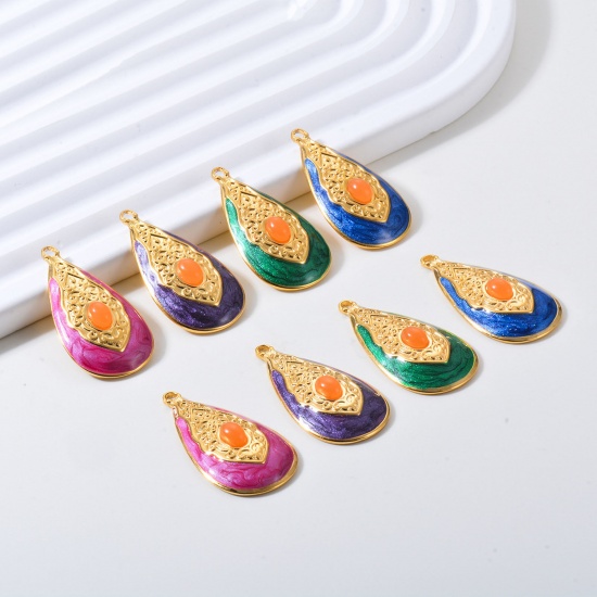 Image de 1 Pièce Pendentifs en 304 Acier Inoxydable Rétro Goutte d'Eau Doré Multicolore Ovale Émail