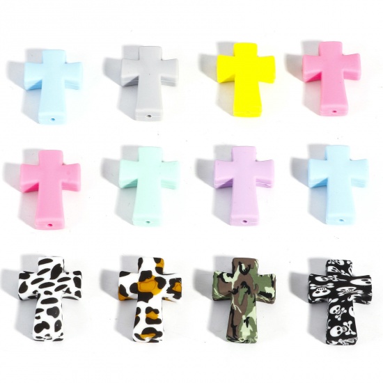 Immagine di 5 Pz Silicone Religione Perline per la Creazione di Gioielli con Ciondoli Fai-da-te Multicolore Croce Circa 3.5cm x 2.5cm, Foro: Circa 2.4mm