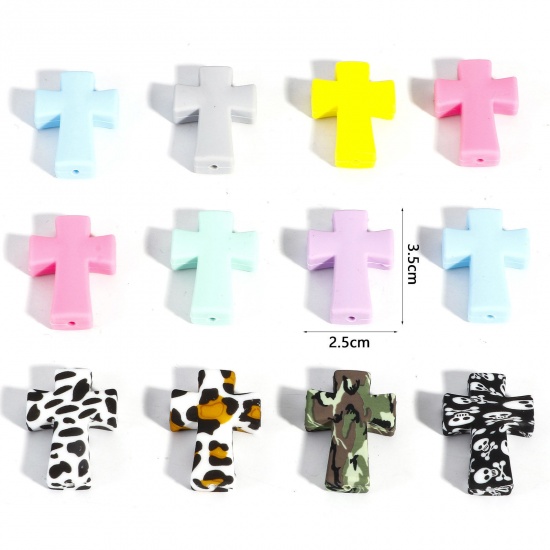 Immagine di 5 Pz Silicone Religione Perline per la Creazione di Gioielli con Ciondoli Fai-da-te Multicolore Croce Circa 3.5cm x 2.5cm, Foro: Circa 2.4mm