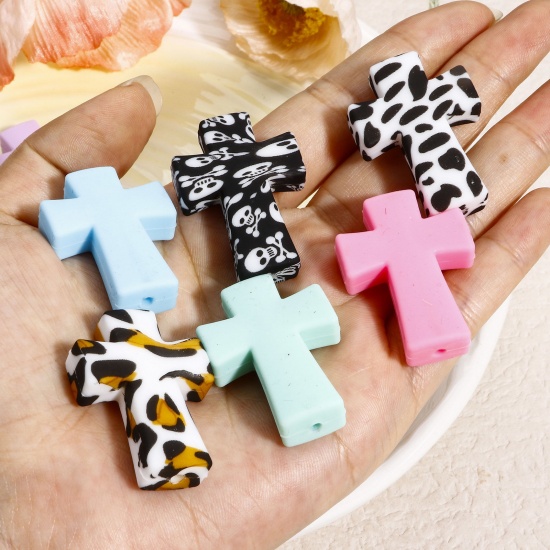 Immagine di 5 Pz Silicone Religione Perline per la Creazione di Gioielli con Ciondoli Fai-da-te Multicolore Croce Circa 3.5cm x 2.5cm, Foro: Circa 2.4mm