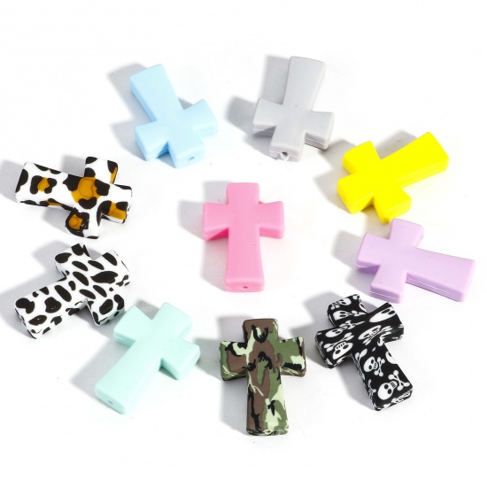 Immagine di 5 Pz Silicone Religione Perline per la Creazione di Gioielli con Ciondoli Fai-da-te Multicolore Croce Circa 3.5cm x 2.5cm, Foro: Circa 2.4mm