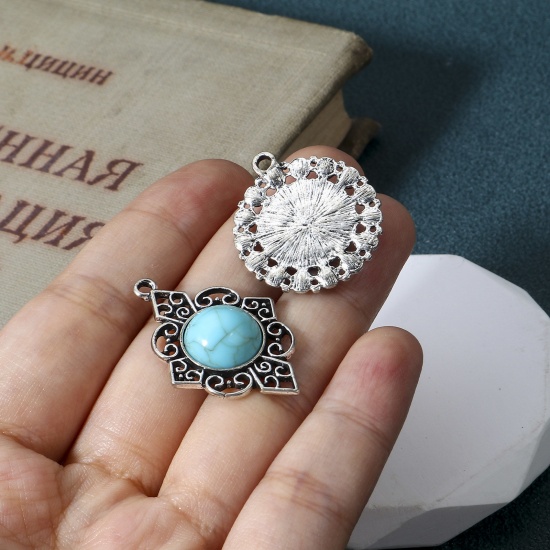 Picture of Zinc Based Alloy Boho Chic Bohemia Charms Antique Silver Color Green Blue With Resin Cabochons Imitation Turquoise