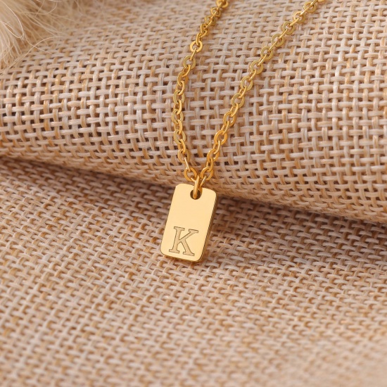 Picture of Wholesale Rectangle Capital Alphabet Initial Letter Message " A-Z " Pendant Charm Necklace, 18K Gold Plated 304 Stainless Steel Link Cable Chain, Women's Eco-friendly Stylish Simple & Casual Gift Jewelry For Retailer, 1 Piece