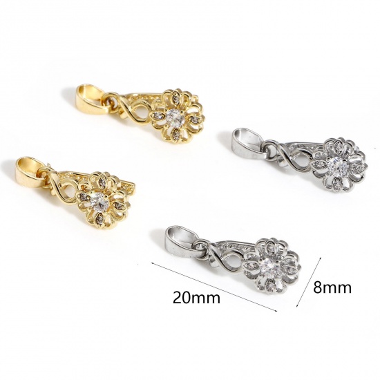 Picture of Brass Pendant Pinch Bails Clasps Flower Real Gold Plated Clear Cubic Zirconia 20mm x 8mm                                                                                                                                                                      