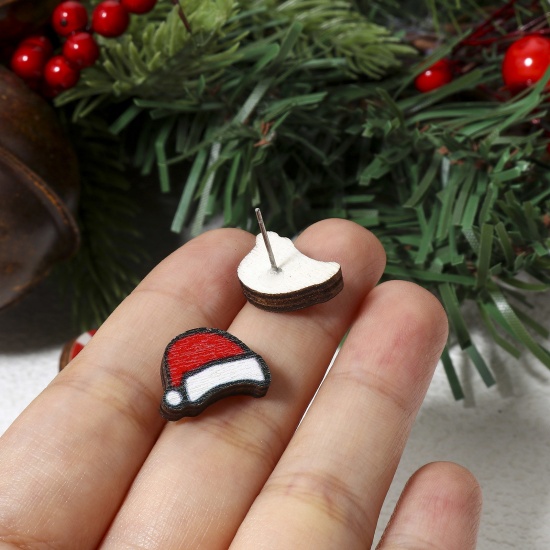 Picture of 2 PCs Wood Ear Post Stud Earrings Multicolor Christmas Santa Claus Snowflake Post/ Wire Size: (21 gauge)