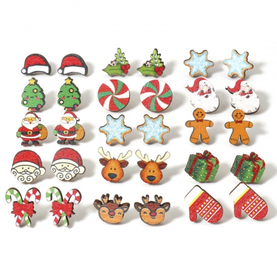 Picture of 2 PCs Wood Ear Post Stud Earrings Multicolor Christmas Santa Claus Snowflake Post/ Wire Size: (21 gauge)