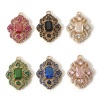 Image de 1 Pièce Breloques Style Royal en Laiton Doré Losange Fleurs Creuses Avec Cabochon en Verre à Strass Coloré 22mm x 16mm