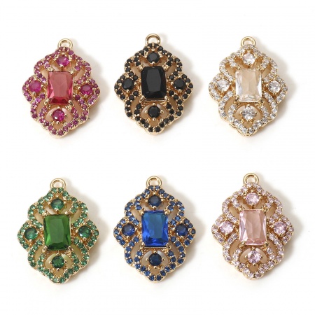 1 Pièce Breloques Style Royal en Laiton Doré Losange Fleurs Creuses Avec Cabochon en Verre à Strass Coloré 22mm x 16mm
