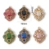Image de 1 Pièce Breloques Style Royal en Laiton Doré Losange Fleurs Creuses Avec Cabochon en Verre à Strass Coloré 22mm x 16mm