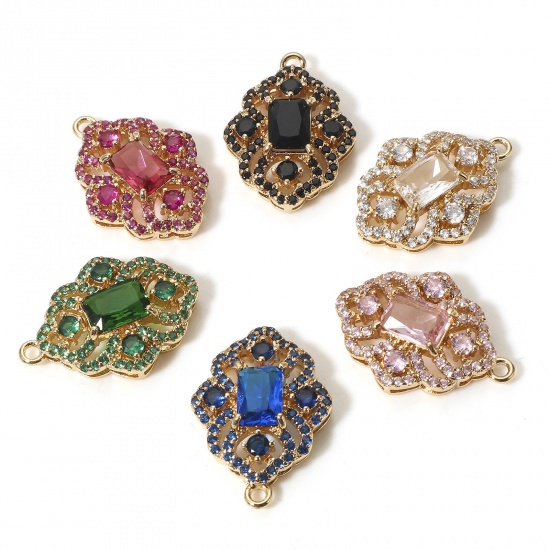 Picture of Brass Style Of Royal Court Character Charms Gold Plated Rhombus Filigree With Glass Cabochons Multicolor Rhinestone 22mm x 16mm                                                                                                                               