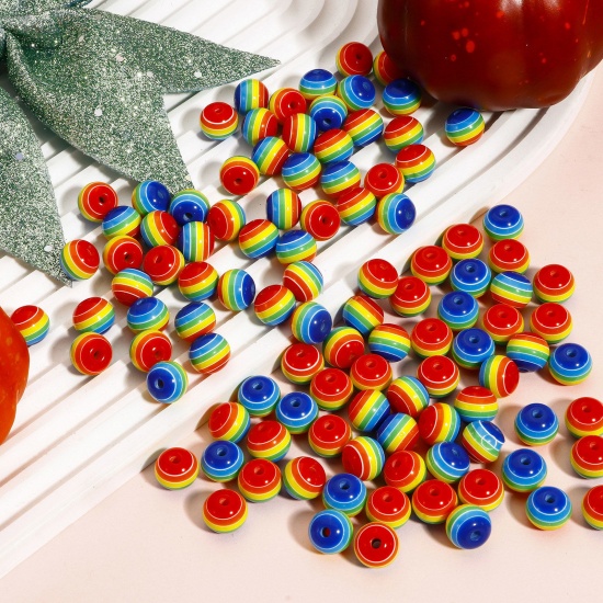 Immagine di 100 Pz Resina Separatori Perline per la Creazione di Gioielli con Ciondoli Fai-da-te Tondo Multicolore Striscia Disegno