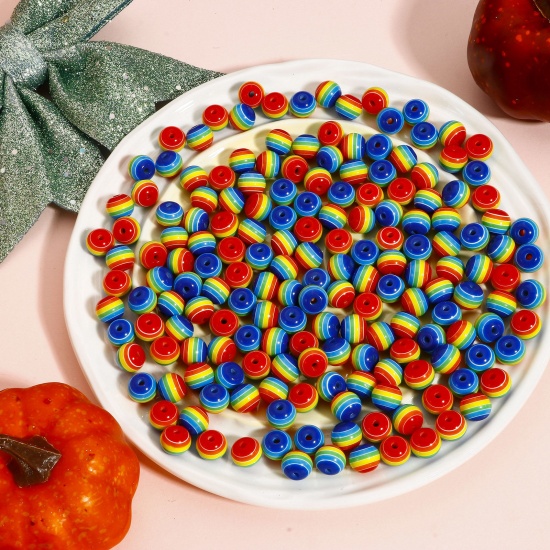 Immagine di 100 Pz Resina Separatori Perline per la Creazione di Gioielli con Ciondoli Fai-da-te Tondo Multicolore Striscia Disegno