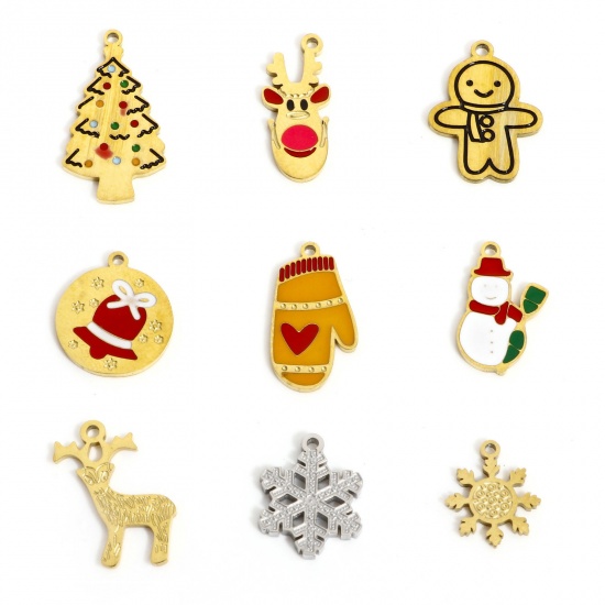 Picture of Eco-friendly Vacuum Plating 304 Stainless Steel Stylish Charms Multicolor Christmas Tree Christmas Snowman Enamel