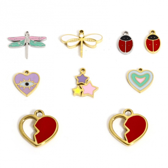 Picture of Eco-friendly Vacuum Plating 304 Stainless Steel Stylish Charms Multicolor Heart Evil Eye Enamel