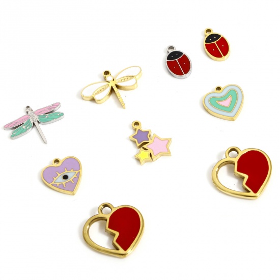 Picture of Eco-friendly Vacuum Plating 304 Stainless Steel Stylish Charms Multicolor Heart Evil Eye Enamel