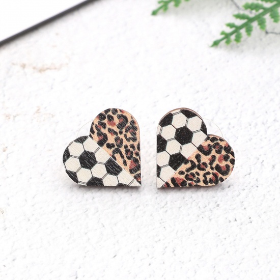 Picture of Wood Sport Ear Post Stud Earrings Multicolor Heart Leopard Print