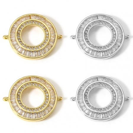 Brass Connectors Charms Pendants Circle Ring Real Gold Plated Micro Pave Clear Cubic Zirconia 26mm x 21.5mm