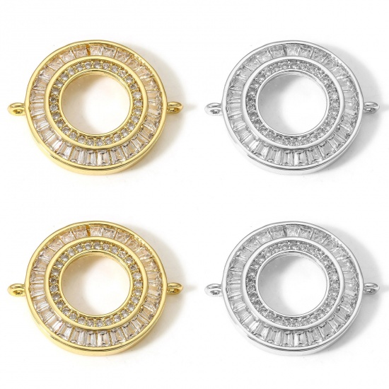 Picture of Brass Connectors Charms Pendants Circle Ring Real Gold Plated Micro Pave Clear Cubic Zirconia 26mm x 21.5mm                                                                                                                                                   