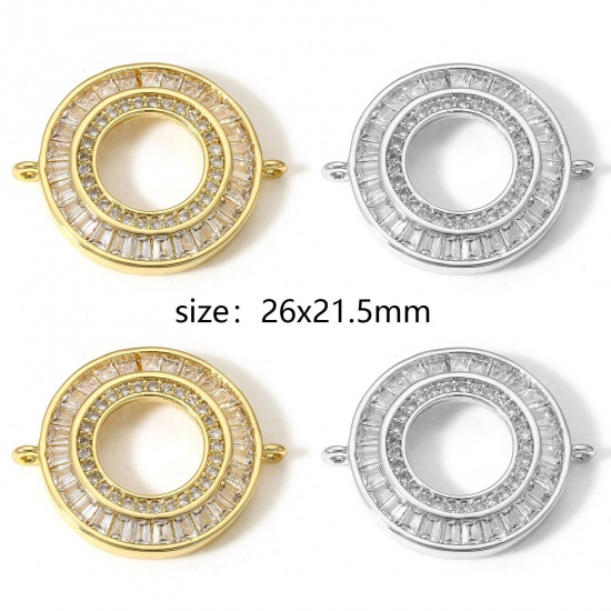 Picture of Brass Connectors Charms Pendants Circle Ring Real Gold Plated Micro Pave Clear Cubic Zirconia 26mm x 21.5mm                                                                                                                                                   
