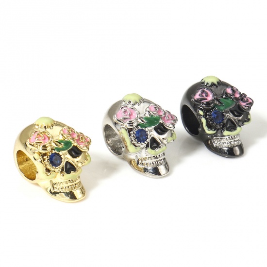 Picture of Brass Halloween European Style Large Hole Charm Beads Real Gold Plated Multicolor Sugar Skull Flower 3D About 12mm x 9.5mm                                                                                                                                    