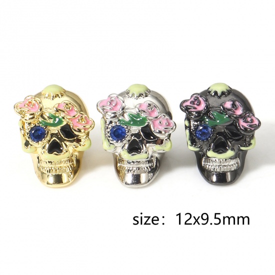Picture of Brass Halloween European Style Large Hole Charm Beads Real Gold Plated Multicolor Sugar Skull Flower 3D About 12mm x 9.5mm                                                                                                                                    