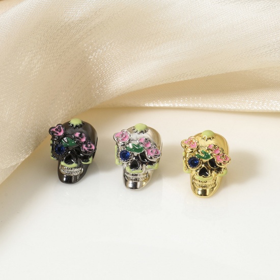 Picture of Brass Halloween European Style Large Hole Charm Beads Real Gold Plated Multicolor Sugar Skull Flower 3D About 12mm x 9.5mm                                                                                                                                    