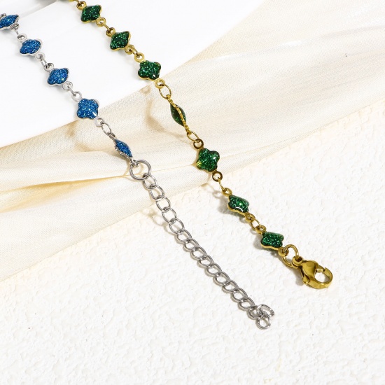 Picture of 304 Stainless Steel Handmade Link Chain Bracelets Flower Enamel 16.5cm(6 4/8") long