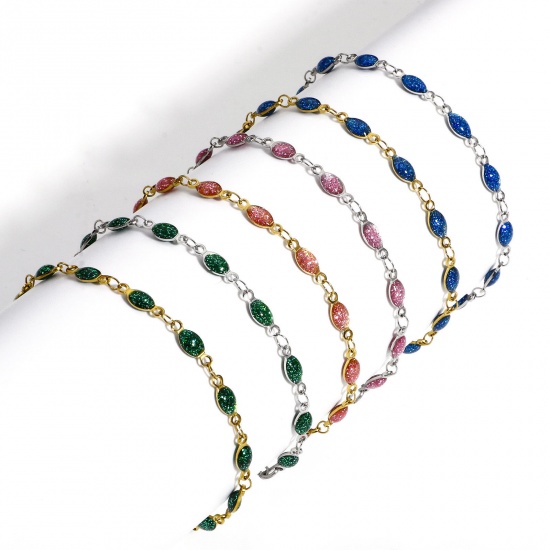 Picture of 304 Stainless Steel Handmade Link Chain Bracelets Silver Tone Marquise Double-sided Enamel 17cm(6 6/8") long