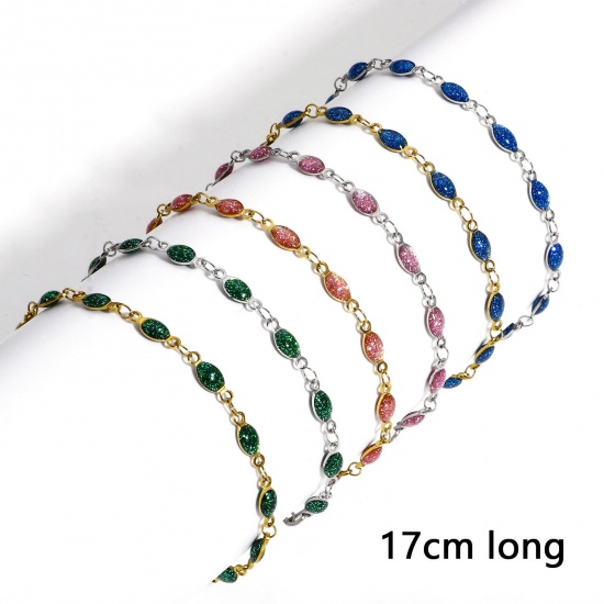 Picture of 304 Stainless Steel Handmade Link Chain Bracelets Silver Tone Marquise Double-sided Enamel 17cm(6 6/8") long