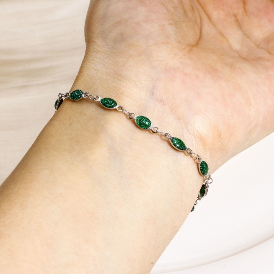 Picture of 304 Stainless Steel Handmade Link Chain Bracelets Silver Tone Marquise Double-sided Enamel 17cm(6 6/8") long