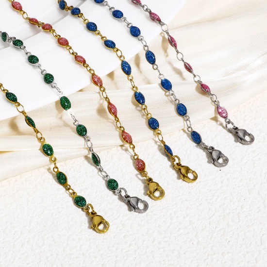 Picture of 304 Stainless Steel Handmade Link Chain Bracelets Silver Tone Marquise Double-sided Enamel 17cm(6 6/8") long