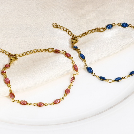 Picture of 304 Stainless Steel Handmade Link Chain Bracelets Silver Tone Marquise Double-sided Enamel 17cm(6 6/8") long