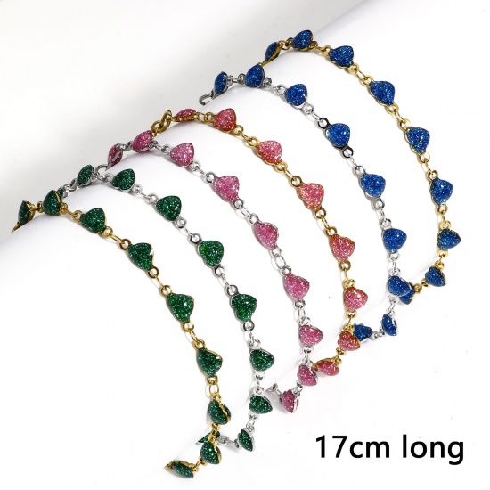 Immagine di 1 Pz 304 Acciaio Inossidabile Catena a Maglia Fatta a Mano Braccialetti Tono Argento Cuore Smalto a Doppia Faccia 17cm Lunghezza