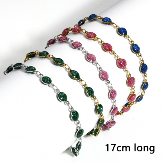 Picture of 304 Stainless Steel Handmade Link Chain Bracelets Silver Tone Round Double-sided Enamel 17cm(6 6/8") long