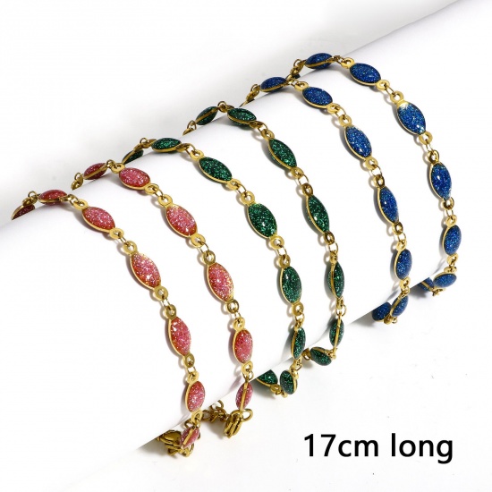 Picture of 1 Piece 304 Stainless Steel Handmade Link Chain Bracelets Gold Plated Marquise Double-sided Enamel 17cm(6 6/8") long