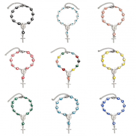 304 Stainless Steel Religious Handmade Link Chain Bracelets Silver Tone Evil Eye Cross Double-sided Enamel 15cm(5 7/8") long