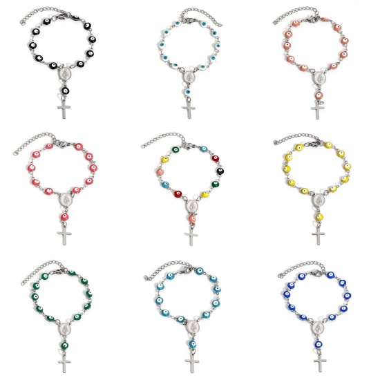 Immagine di 1 Pz 304 Acciaio Inossidabile Religione Catena a Maglia Fatta a Mano Braccialetti Tono Argento Malocchio Croce Smalto a Doppia Faccia 15cm Lunghezza