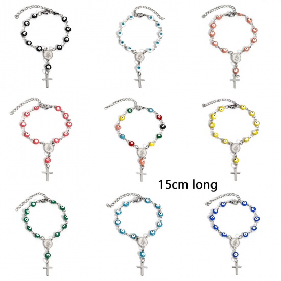 Immagine di 1 Pz 304 Acciaio Inossidabile Religione Catena a Maglia Fatta a Mano Braccialetti Tono Argento Malocchio Croce Smalto a Doppia Faccia 15cm Lunghezza