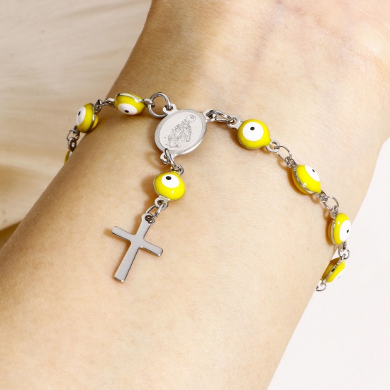 Immagine di 1 Pz 304 Acciaio Inossidabile Religione Catena a Maglia Fatta a Mano Braccialetti Tono Argento Malocchio Croce Smalto a Doppia Faccia 15cm Lunghezza