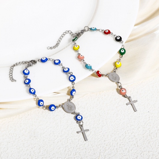 Immagine di 1 Pz 304 Acciaio Inossidabile Religione Catena a Maglia Fatta a Mano Braccialetti Tono Argento Malocchio Croce Smalto a Doppia Faccia 15cm Lunghezza