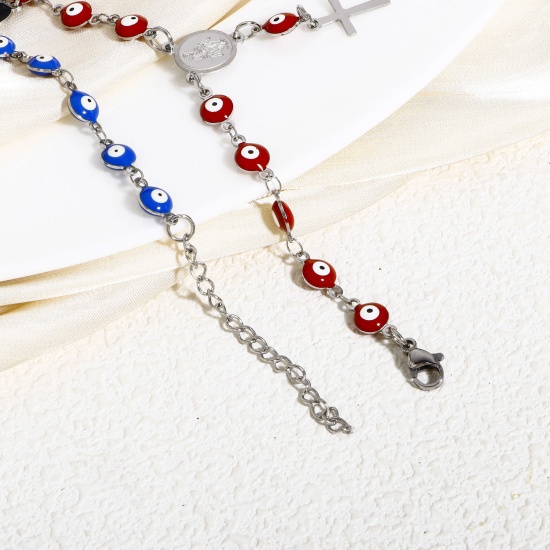 Immagine di 1 Pz 304 Acciaio Inossidabile Religione Catena a Maglia Fatta a Mano Braccialetti Tono Argento Malocchio Croce Smalto a Doppia Faccia 15cm Lunghezza